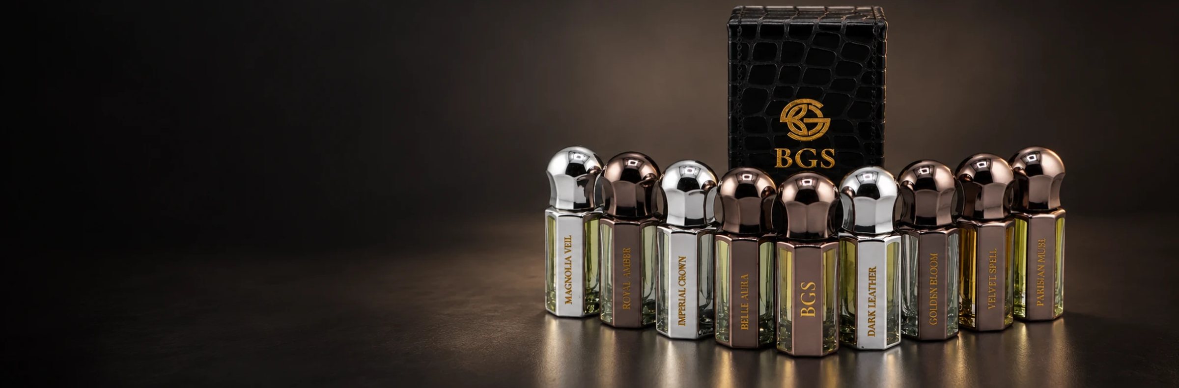The BGS oud oil range with its leather case